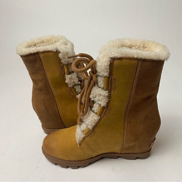 Sorel Joan of Arctic Mid Lace Up Wedge Elk Camel Brown Leather Shearling 9.5 - Picture 2 of 5